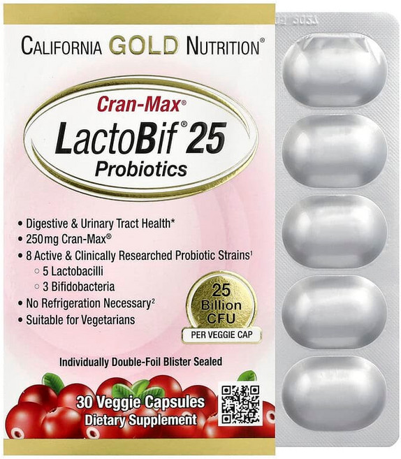 California Gold Nutrition CranMax® LactoBif® 프로바이오틱 250억CFU 베지 캡슐 30정 CGN-01334, 1개