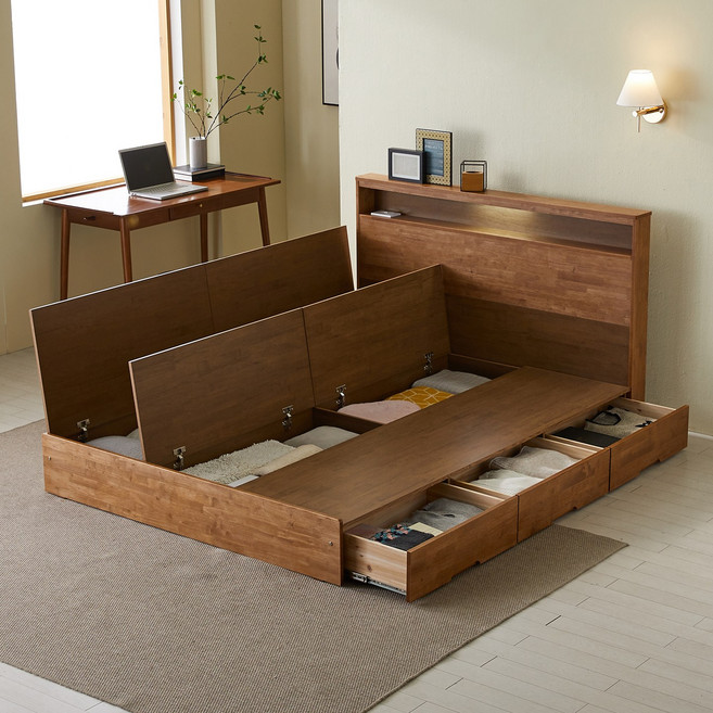 샤토루 LED 원목 수납 침대 프레임 SS, 월넛