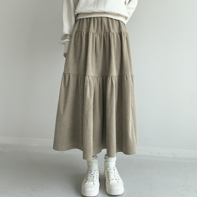 [행복여] 디엘 코듀로이 캉캉 플레어 밴딩 롱 스커트
