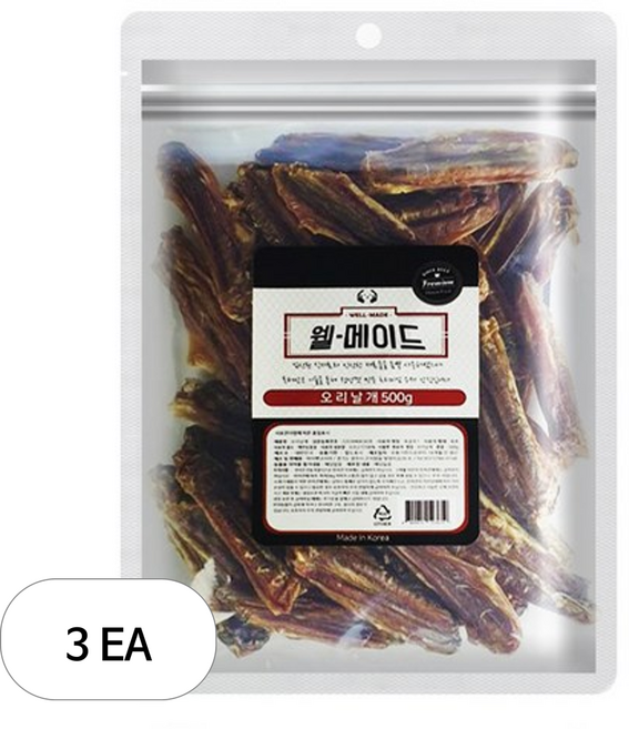 웰메이드 강아지 원물 건조 간식, 오리날개맛, 500g, 3개