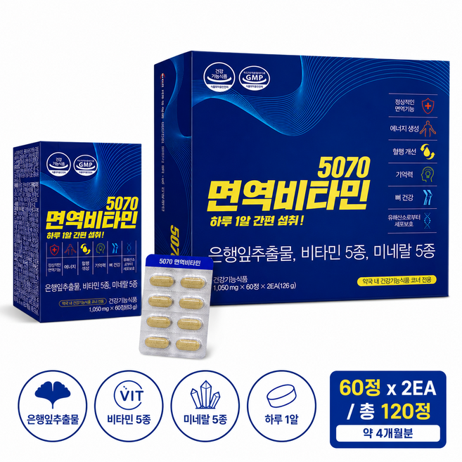 5070 면역비타민 은행잎추출물 플라보놀배당체 28.8mg 기억력 혈행 면역 비타민 미네랄 10종 약국판매용, 1박스, 60정