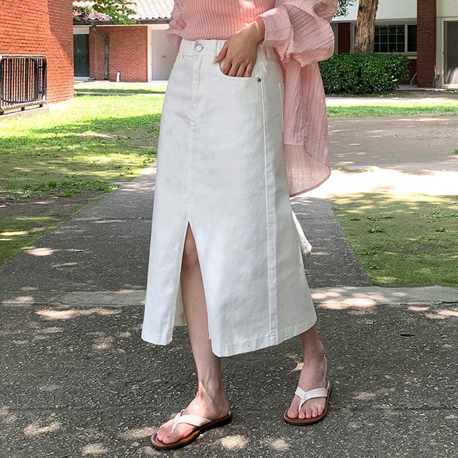 [5size] 바잉몰 여성 루노 앞트임 데님 밴딩 롱 스커트 -5color