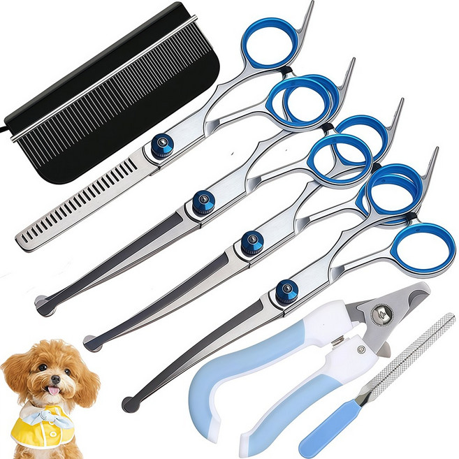 애견 미용 가위 강아지 커브 숱 가위 세트 고양이 손톱 깎이 반려동물 컷팅 풀세트, 1개, 파랑색