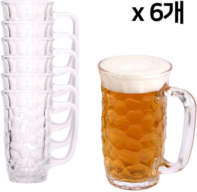 카페 두꺼운 맥주컵 400ml 6개입 세트 벌집 하이볼 글라스 손잡이 유리컵, 6개