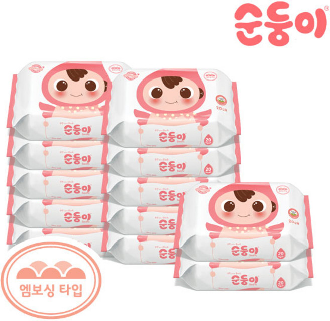 순둥이 베이직 무향 엠보싱 아기 물티슈 휴대 리필형 55평량, 55g, 20매, 12개