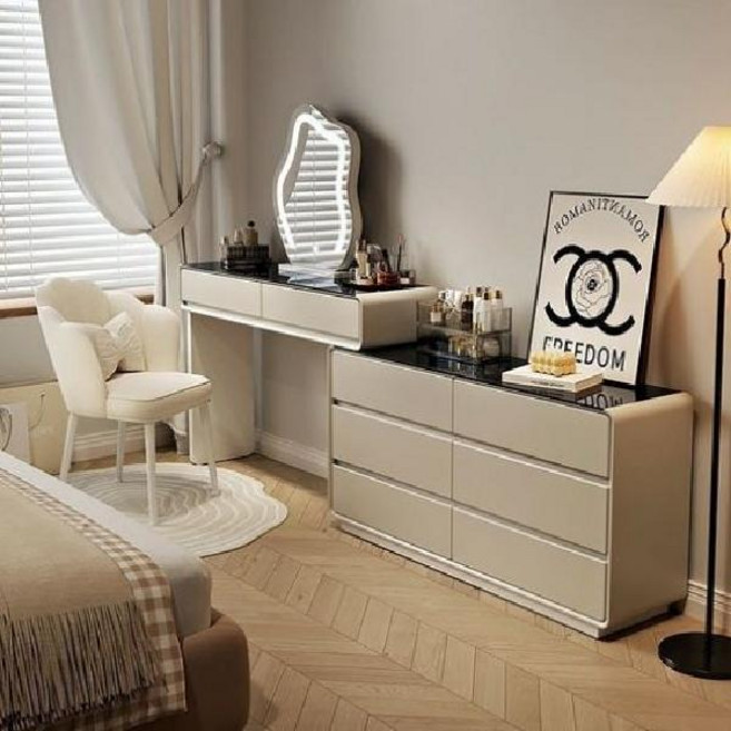 심플하고 모던한 디자인의 LED조명 확장형 수납 콘솔화장대, 카키색+수납장+거울 없음+의자 없음