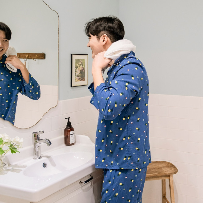 2WE 봄 여름 커플실내복 레이온 체크잠옷 긴팔파자마SET 환절기 파자마