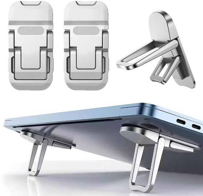 프리라이프 휴대용 노트북 거치대 접착식 2in1 높이조절 방열 스탠드 접이식 쿨러 받침대 2개세트, 실버, 아연 합금