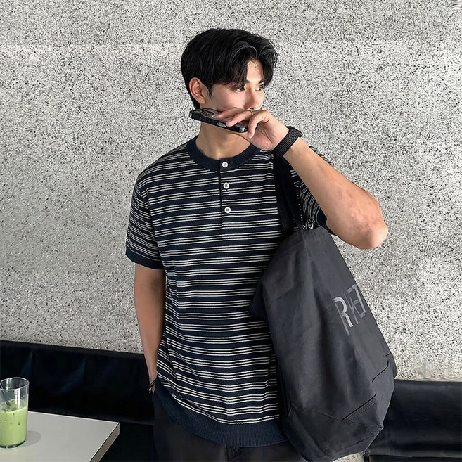 ANYOU 남성 슬림핏 스트라이프 니트 반팔티 베이직 데일리 티셔츠