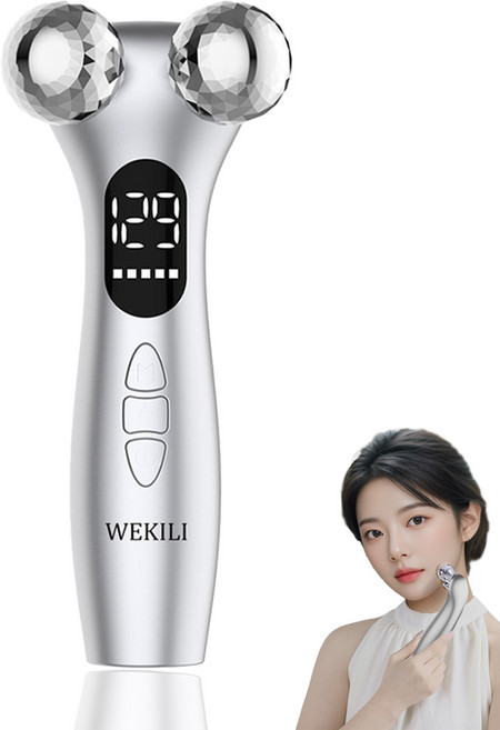 위킬리 EMS 얼굴 마사지기 고주파 V라인 탄력 관리기 듀얼 롤러 홈케어 리프팅 마사지 3in1, 은색