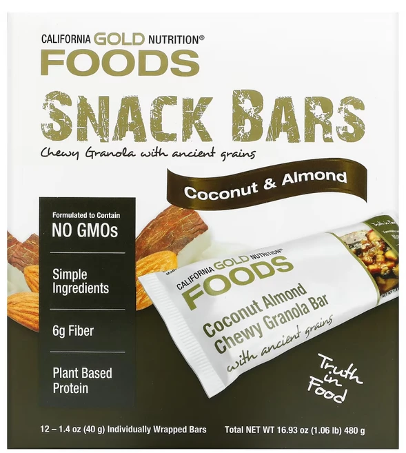 캘리포니아 골드 뉴트리션 코코넛 아몬드 츄이 그래놀라 바 12개입 각 40g (1.4 oz) 단백질 꿀 칼슘 간식 땅콩 호두 칼륨 식이섬유 탄수화물 철분 프로틴, 670g - 쿠팡