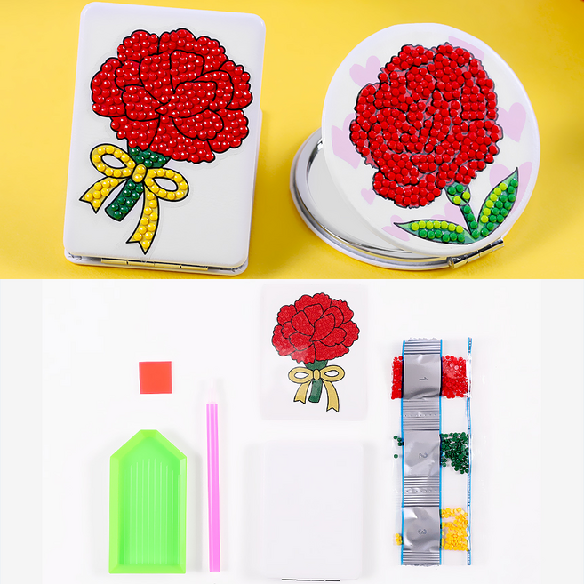 DIY 카네이션 만들기 세트 보석십자수 카네이션 손거울 만들기 키트 스승의날 어버이날 행사 준비, 원형거울