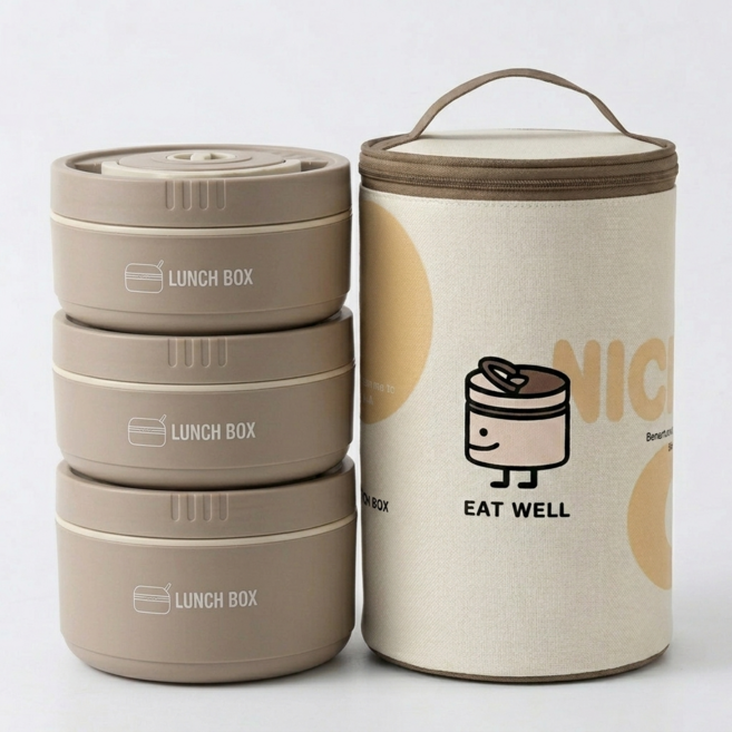 보온 도시락 런치 박스 가방 포함 분리 가능 세트, 1세트, 밀크브라운 3단