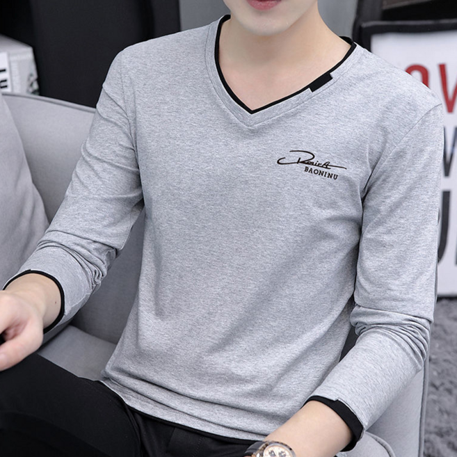 Skyciky 남성 V넥 긴팔 티셔츠 순면 단색 가을 겨울 남성 의류 기본 티셔츠 상의 ZM950