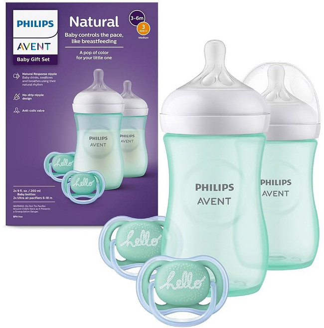 AVENT 천연 젖병 자연 반응 유두 청록색 선물 세트 SCD837/02, Teal, 1 Count (Pack of 2)