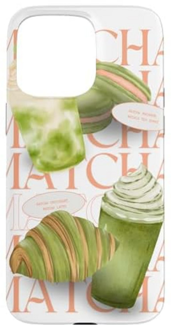 말차 그래픽 마카롱 크루아상 녹차라떼 핸드폰케이스 iPhone 15 Pro Max 用