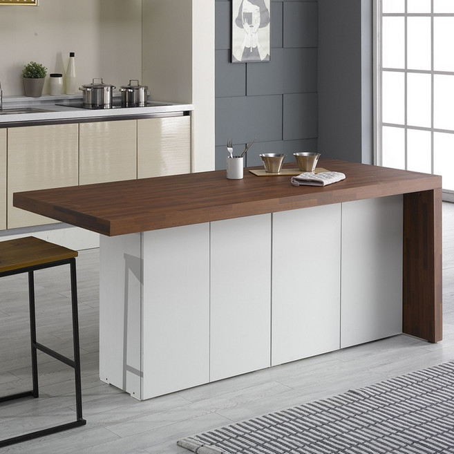 데코앤비 비스트로 낮은1800_ㄱ형 아일랜드 식탁 수납 홈바 테이블, 화이트_상판 멀바우