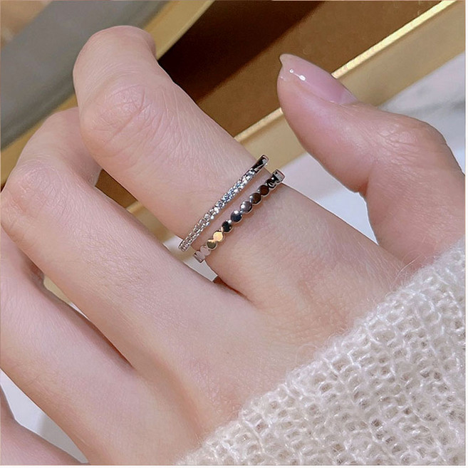 FANSYLI 두줄 커팅 실반지 모이사나이트 큐빅 다이아반지 14k 도금 레이어드 써지컬스틸 반지 오픈링 0425JLL057