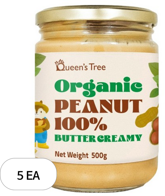 퀸즈트리 유기농 100% 땅콩버터 크리미, 500g, 5개