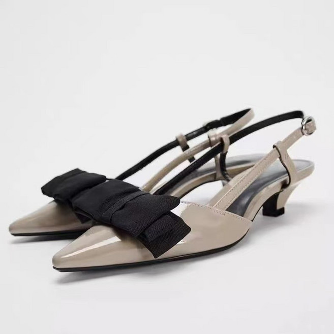 자라 배색 스틸레토 리본장식 일자 스트랩 펌프스 굽 뮬러 단화