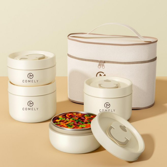 코믈리 304 스테인리스 전자레인지 적용 보온 도시락통 휴대용 보온가방 포함, 1개, 베이지4단