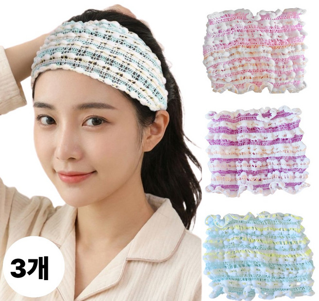 루나뷰링 통기성 샤워 헤어캡 사우나모자 찜질방 세안밴드 3P, 3개, 퍼플핑크그린