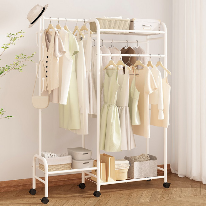Takata 드레스룸 조립식 2단 바퀴 이동식 수납 선반 시스템행거, 화이트