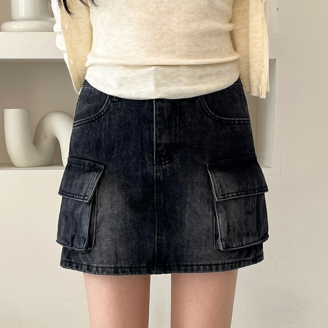 [디아미뇽] 엘로엔 워싱 카고 데님 미니 스커트