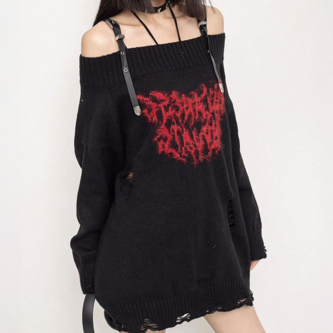 cammello 빈티지 펑크 오프숄더 벨트 스트랩 루즈핏 롱 니트 티셔츠