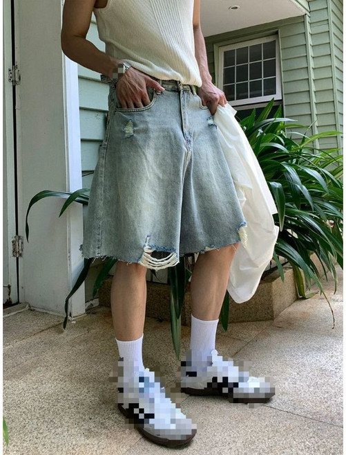 美式復古水洗破洞牛仔短褲 男 寬鬆休閒五分褲