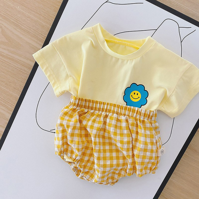 스타도어 유아용 스마일 반팔 체크 블루머 상하의 세트