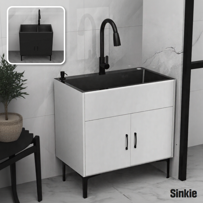 싱키주방 소형 싱크대 업소용 씽크대 주방 원룸 간이 사무실 개수대 탕비실 미니 부엌, 블랙, 80x45 고정형수도