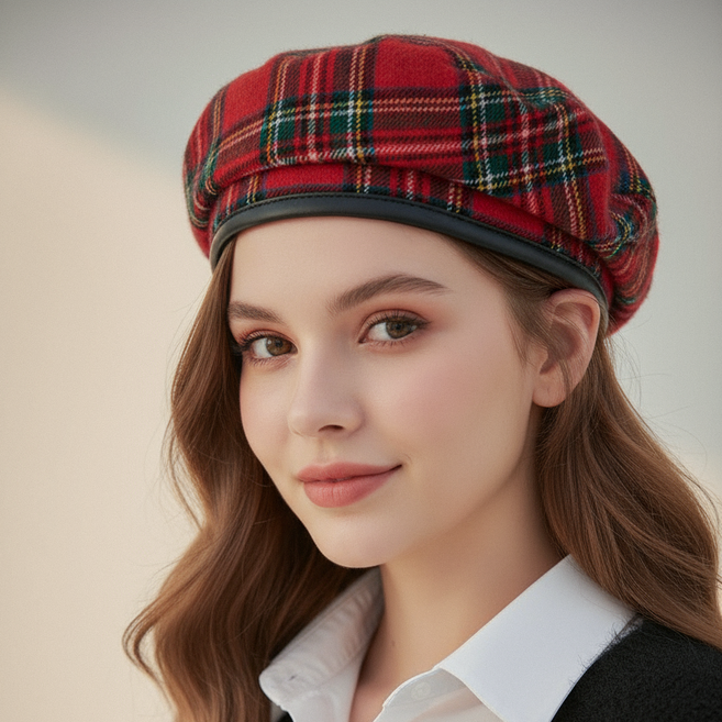 팸드님 국내제작 울 타탄 체크 베레모 가을 겨울 남녀공용 화가모자 빵모자