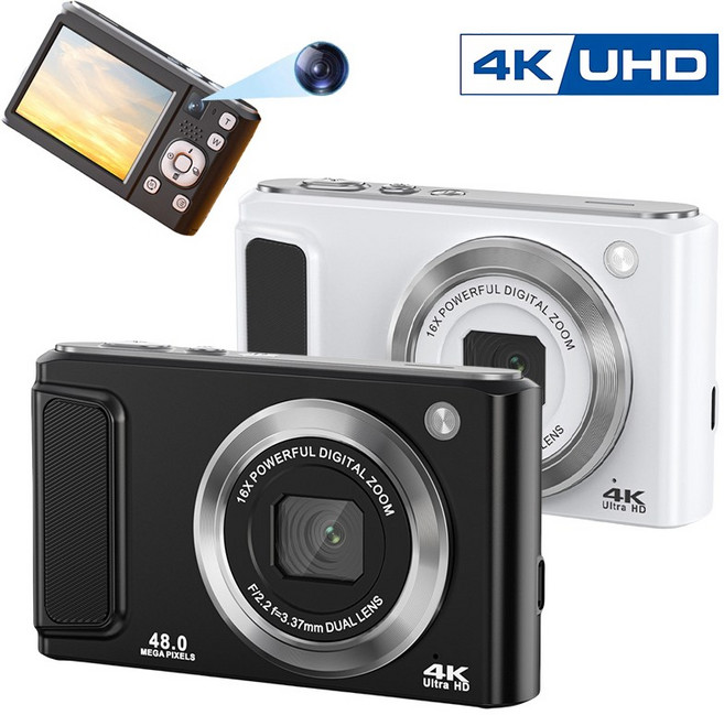 EMITAIM 앞뒤면 렌즈 휴대용 4K 디지털 카메라 4800W 픽셀 하이엔드 16x 디지털 줌 AF 자동 초점, 흰색(White), BJK132