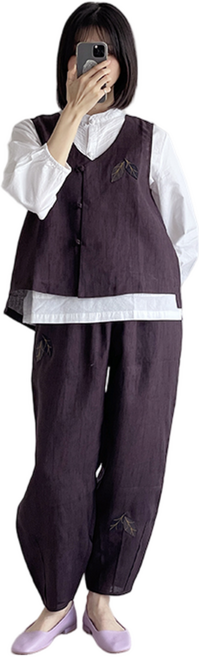 편한생활한복 여성 개량한복 마 원단 낙엽 조끼바지한벌