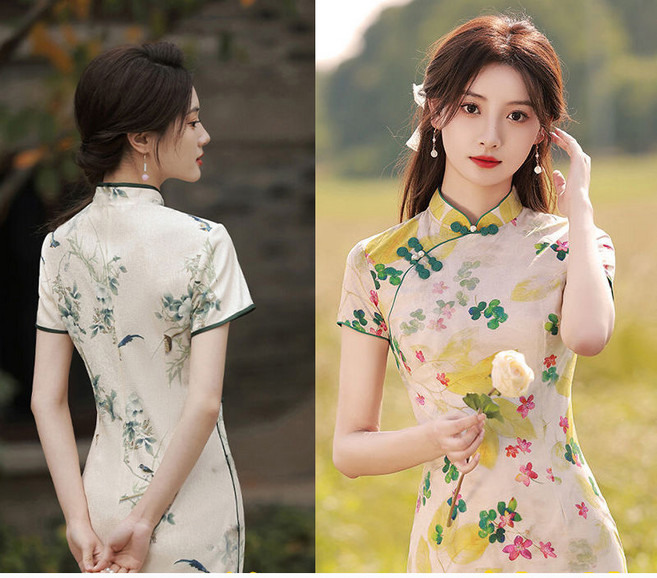 1+1 여성 여름 반팔 원피스 캐주얼 치마 원피스 슬림핏 빈티지 기질 미디 치파오 원피스 빅사이즈 ZZL
