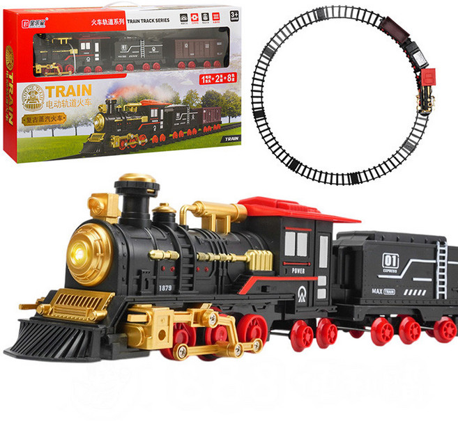 888玩具 888便利購 3節式圓形軌道電動蒸汽火車(大台) 復古仿真火車頭 會噴煙, 1個, Black