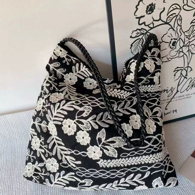 후암마켓 자수 패턴 데일리 토트백 레이스 코튼 꼬임 숄더백