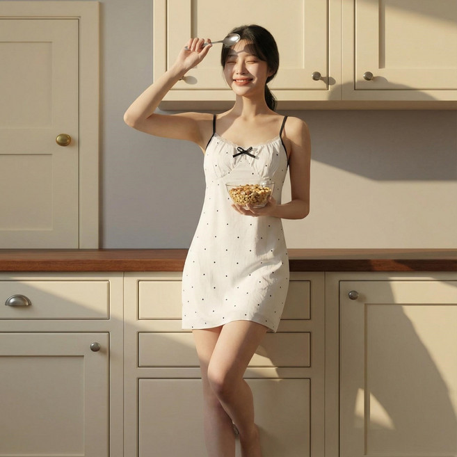 아이스실크 촉감 슬립 원피스 잠옷 여성용 신축성 홈웨어 ELVYN