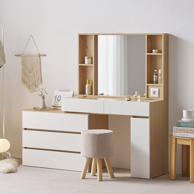 퍼니하우스 세이라 콘센트 수납 확장형 1000 거울 화장대, 오크화이트