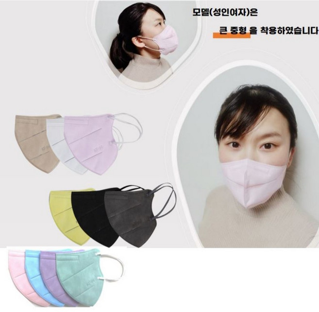 KF94 마스크 새부리형 컬러6색 5매포장 대형(성인) 중형(얼굴작은여성 중학생), 검정,흰색(대형), 1개, 50매