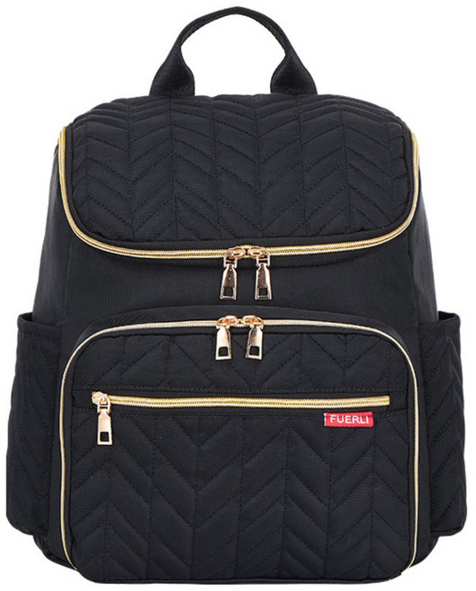 FUERLI 多功能大容量媽媽包，時尚防潑水旅行背包, 黑金, 黑金