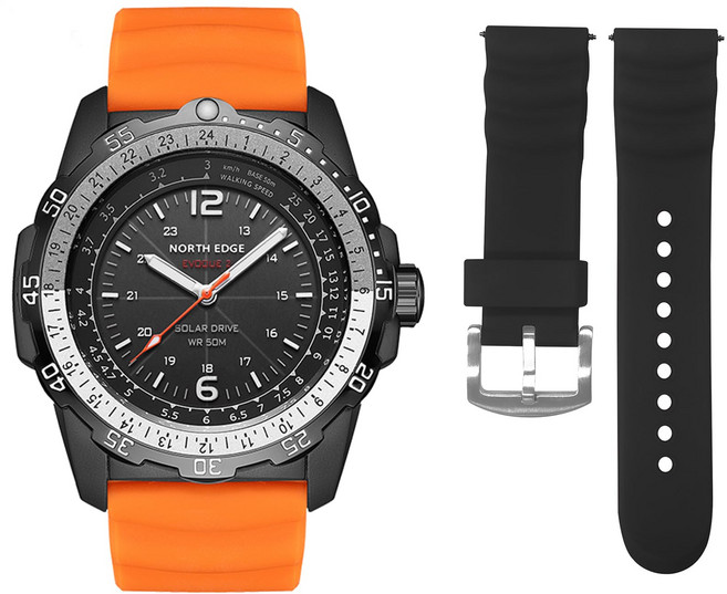 NORTH EDGE 남성용 태양광 발전 시계 아웃도어 야외용 실리콘 스트랩 180일 배터리 수명