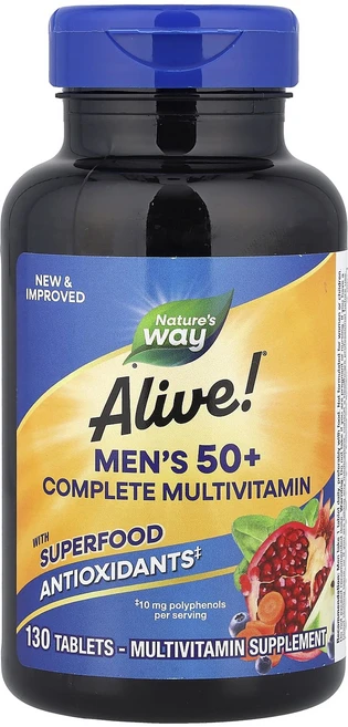 단백질 비타민 철분 마그내슘 칼슘 Nature's Way Alive!® 50세 이상 남성용 컴플리트 종합비타민 130정 고루고루섭취해주세요, NaturesWayAlive50세이상남성용컴플리트종합비, 1개 - 쿠팡