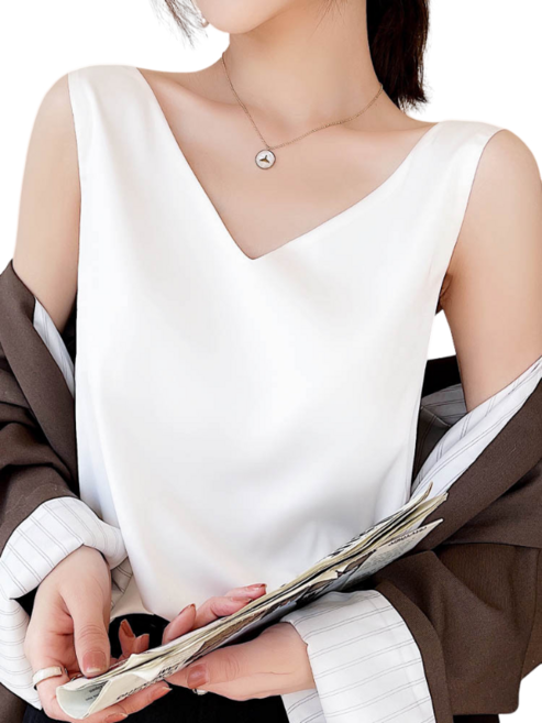 여성용 브이넥 실크 민소매 나시 티셔츠+ F3028