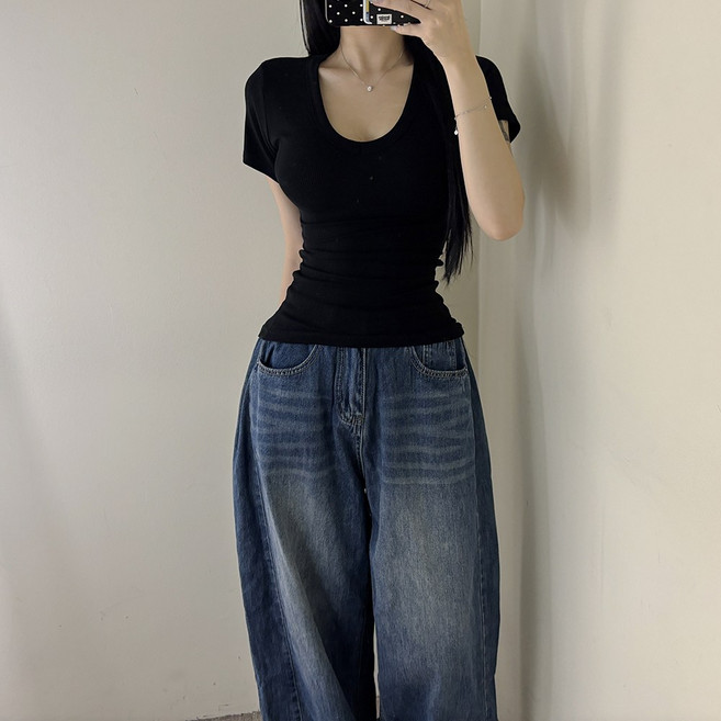 VANANA2 [korea made] 글래머핏 국내제작 여성 슬림 골지 딥브이넥 무지 긴소매 티셔츠