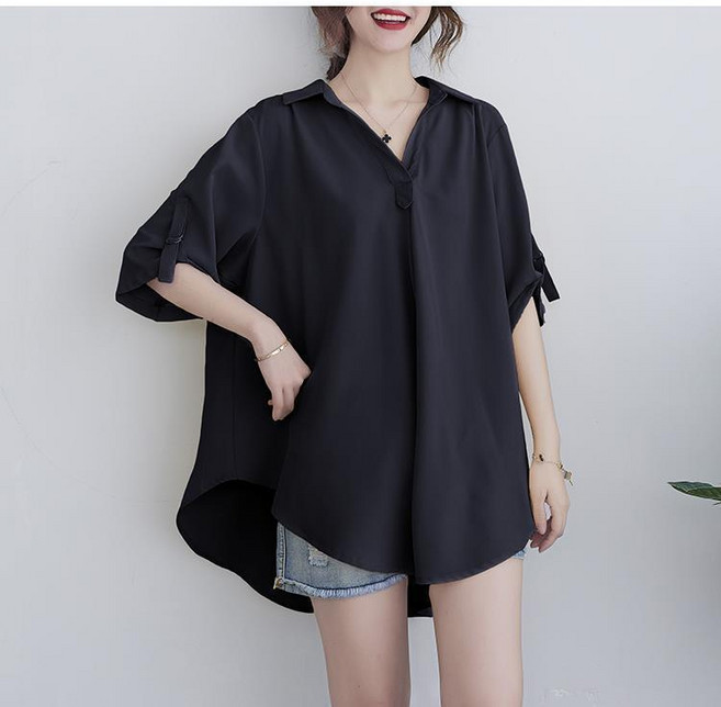 용태원 여름 반팔 쉬폰 블라우스 여성 빅사이즈 롱 블라우스 Y260-1151