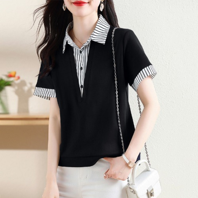 NEW 여성 가짜 투피 티셔츠/골프 반팔티/면티/스트라이프 카라 티셔츠/여름 풀오버 반팔 티셔츠/여자 캐쥬얼 빅사이즈 상의