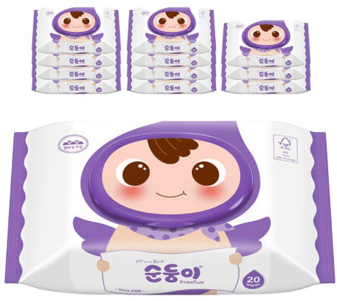 순둥이 프리미엄 엠보싱 아기물티슈 휴대캡형 20매 12팩 (cE휴12), 65g, 12박스