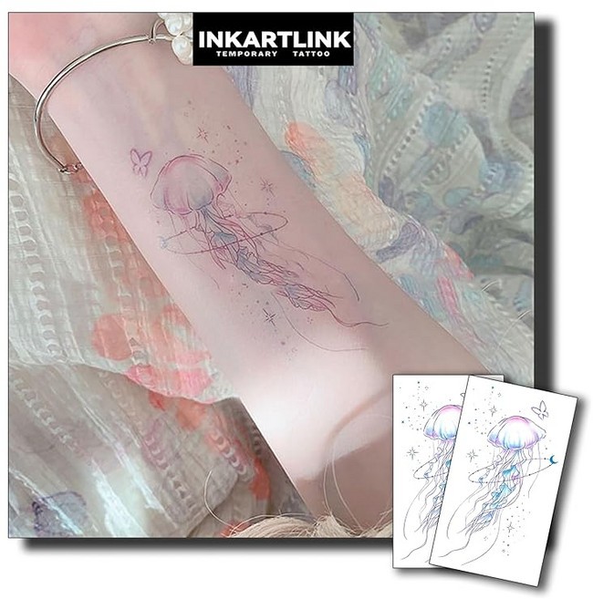INKARTLINK 15일 지속 타투 스티커 해파리 2매 세트 귀여워. 세련된 일시적인 바디 스티커 일시적인 타투 스티커 파티용 행사에 최적